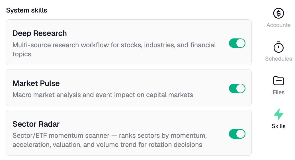Skills are live—your investment research toolkit, built in